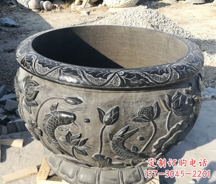 河北青石仿古雕塑荷花水缸