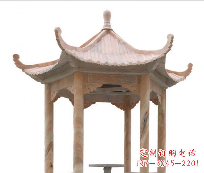 河北美丽而优雅的公园晚霞红六角石凉亭雕塑