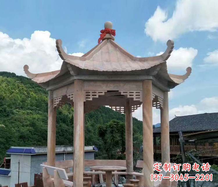 河北一流的公园晚霞红六角石雕凉亭