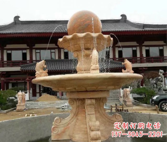 河北双层风水球喷泉晚霞红石雕