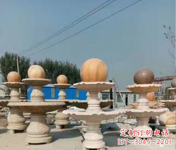 河北晚霞红多层风水球喷泉石雕