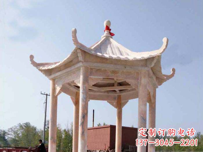 河北园林景观晚霞红六角石雕凉亭